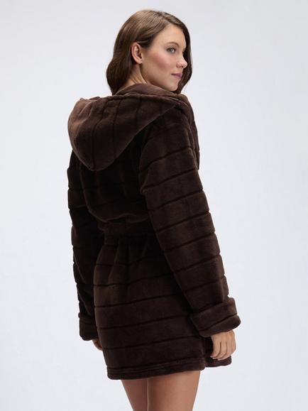 Boux Avenue Fluffy Striped Short Hooded Dressing Gown, Chocolate - view 2, Chocolate