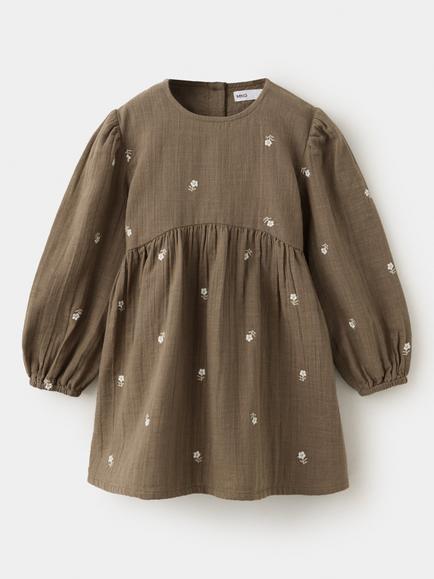 Mango Kids' Balloon Sleeve Smock Dress, Brown, Brown