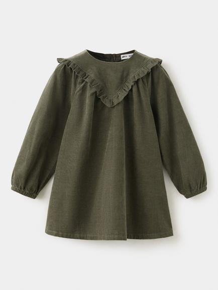 Mango Kids' Long Sleeve Ruffle Yoke A-Line Dress, Khaki, Khaki