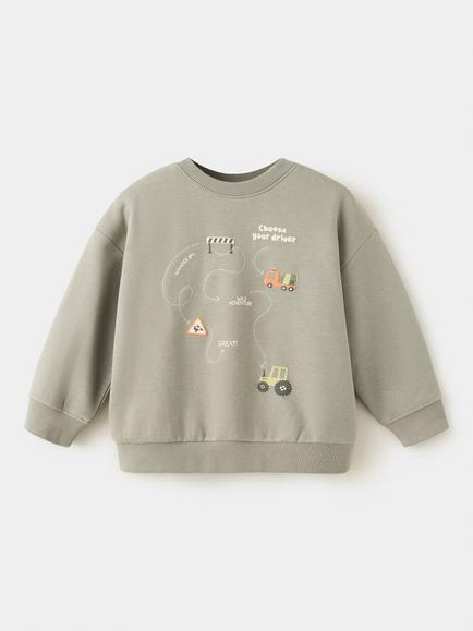 Mango Kids' Crew Neck Vehicle Print Sweatshirt, Dark Green, Dark Green