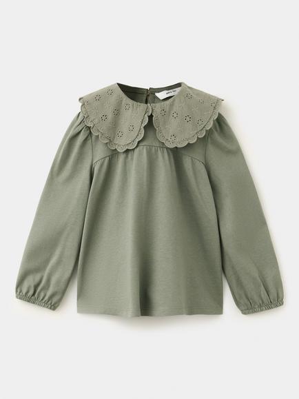 Mango Kids' Long Sleeve Scallop Collar Blouse, Moss, Moss