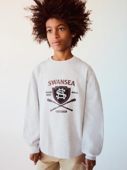 Mango Kids' Crew Neck Crest Print Sweatshirt, Light Grey Melange, Light Grey Melange