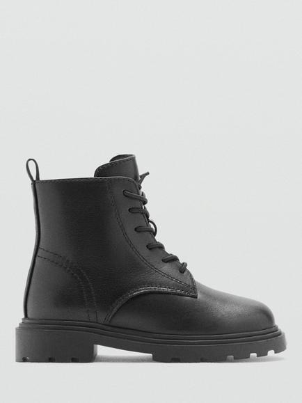 Mango Kids' Elasticated Laced Leather Ankle Boots, Black, Black