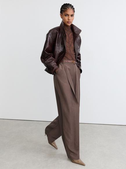 Reiss Aries Barrel Leg Jacquard Trousers, Mocha Brown - view 2, Mocha Brown