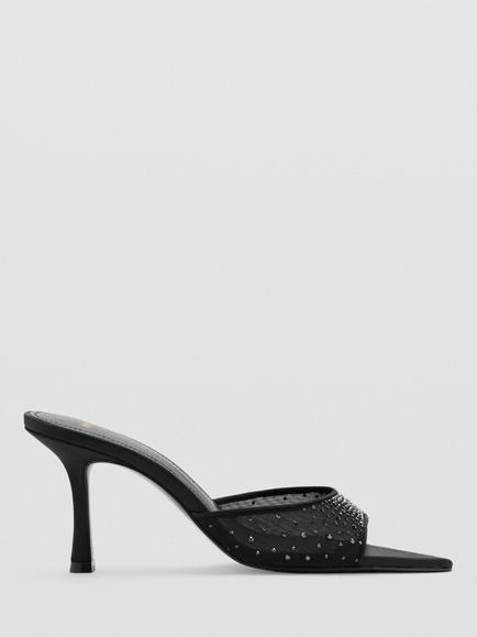 Mango Embellished Stiletto Heel Mules, Black, Black