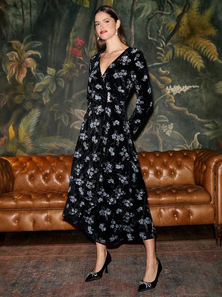 Yumi Long Sleeve Floral Velour Midi Dress, Black, Black