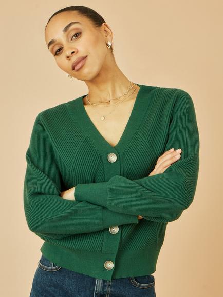 Yumi Knitted Button Front Cardigan, Green - view 2, Green