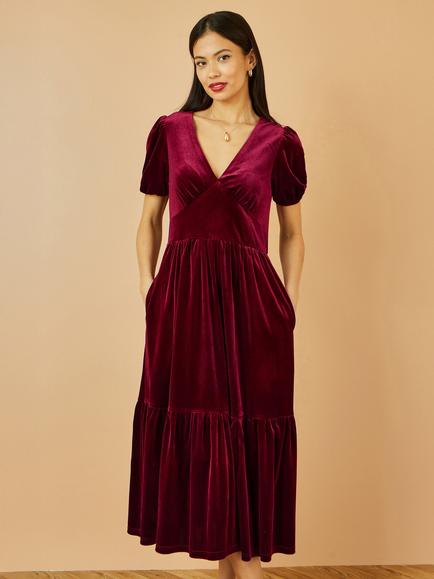 Yumi Ruched V-Neck Velvet Midi Dress, Burgundy, Burgundy