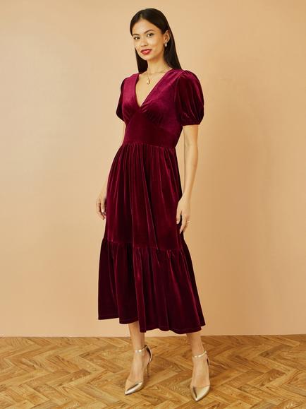 Yumi Ruched V-Neck Velvet Midi Dress, Burgundy - view 2, Burgundy