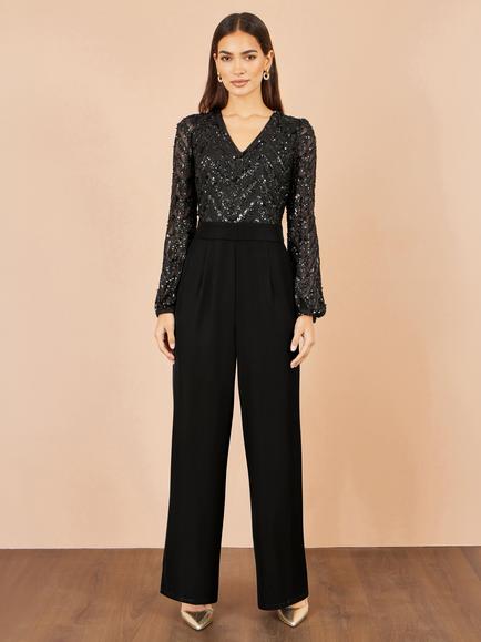 Yumi Sequin V-Neck Jumpsuit, Black, Black