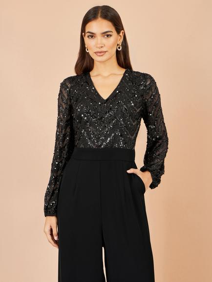 Yumi Sequin V-Neck Jumpsuit, Black - view 2, Black