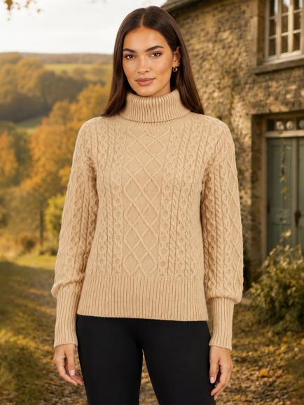 Yumi Cable Knit Roll Neck Jumper, Beige, Beige