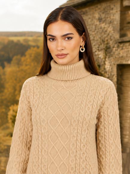 Yumi Cable Knit Roll Neck Jumper, Beige - view 2, Beige