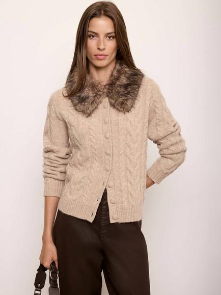 Mint Velvet Faux Fur Collar Cable Knit Cardigan, Brown Camel, Brown Camel