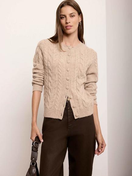 Mint Velvet Faux Fur Collar Cable Knit Cardigan, Brown Camel - view 2, Brown Camel