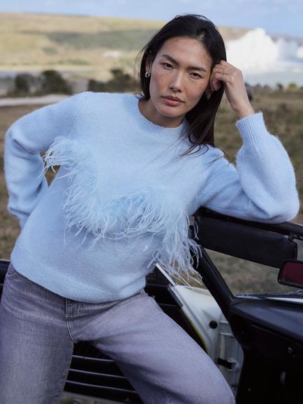 Mint Velvet Feather Detail Jumper, Blue, Blue