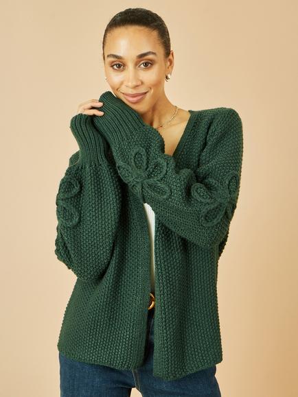 Yumi Floral Embroidered Chunky Knit Cardigan, Green, Green