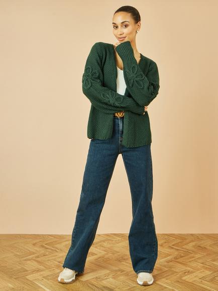 Yumi Floral Embroidered Chunky Knit Cardigan, Green - view 2, Green