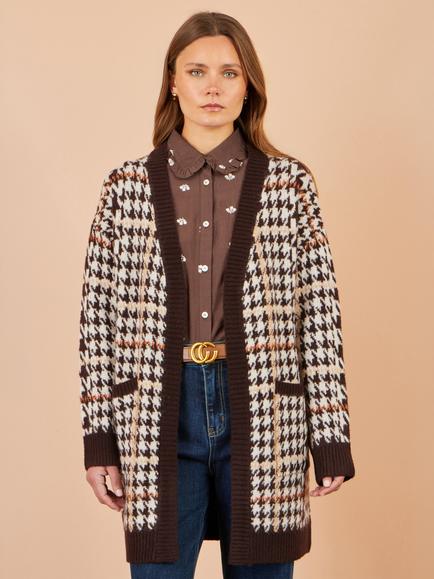Yumi Knitted Houndstooth Longline Cardigan, Brown, Brown