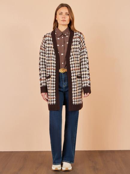 Yumi Knitted Houndstooth Longline Cardigan, Brown - view 2, Brown