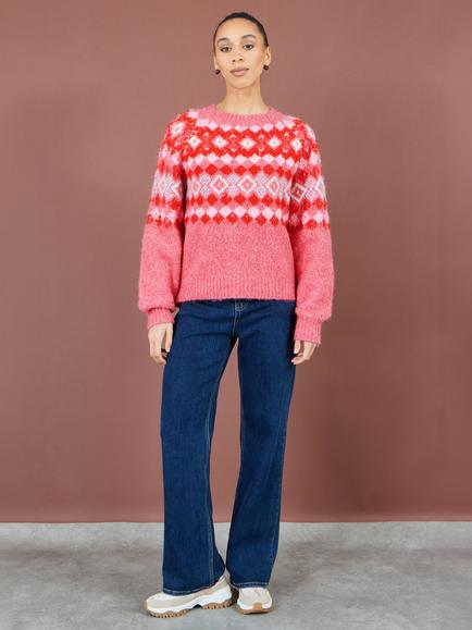 Yumi Relaxed Fair Isle Round Neck Jumper, Red - view 2, Red