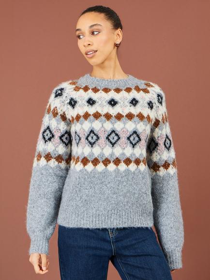Yumi Relaxed Fluffy Knit Fair Isle Jumper, Grey, Grey