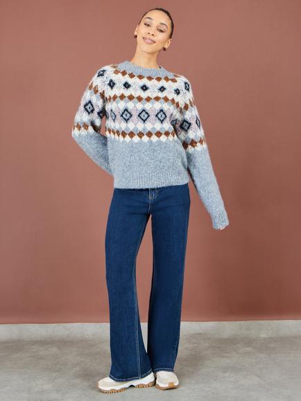 Yumi Relaxed Fluffy Knit Fair Isle Jumper, Grey - view 2, Grey