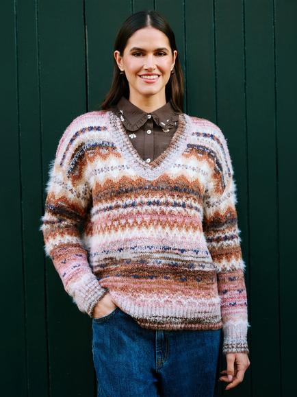 Yumi Relaxed Fair Isle V-Neck Jumper, Multi, Multi