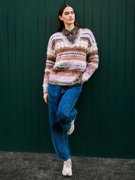 Yumi Relaxed Fair Isle V-Neck Jumper, Multi - view 2, Multi