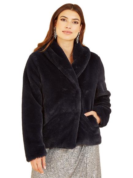 Yumi Short Wrap Faux Fur Coat, Black, Black