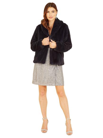 Yumi Short Wrap Faux Fur Coat, Black - view 2, Black