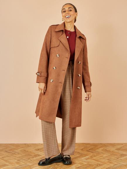 Yumi Faux Suede Trench Midi Coat, Brown, Brown