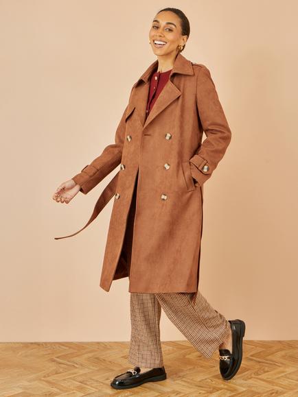 Yumi Faux Suede Trench Midi Coat, Brown - view 2, Brown