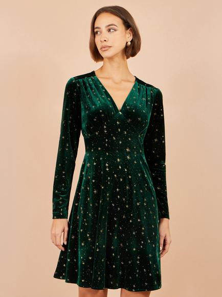 Yumi Foil Star Velvet Skater Dress, Green