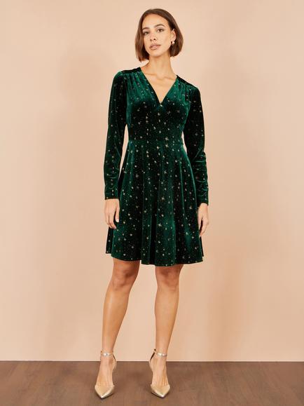 Yumi Foil Star Velvet Skater Dress - view 2, Green