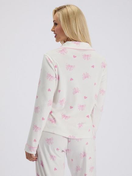 Boux Avenue Bow Velour Long Pyjama Set, Ivory - view 2, Ivory