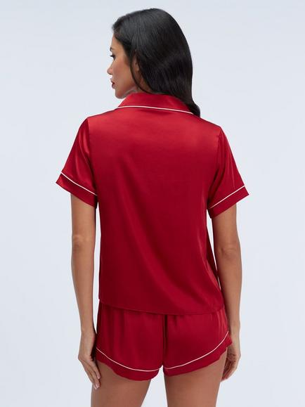 Boux Avenue Sweet Dreams Satin Short Pyjama Set, Red - view 2, Red