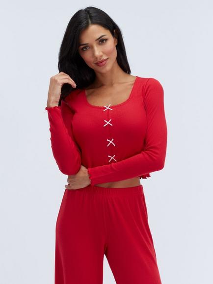 Boux Avenue Pointelle Bow Trim Long Pyjama Set, Red, Red