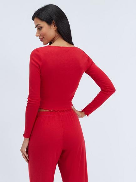 Boux Avenue Pointelle Bow Trim Long Pyjama Set, Red - view 2, Red
