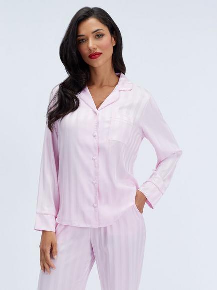 Boux Avenue Striped Satin Long Pyjama Set, Light Pink, Light Pink