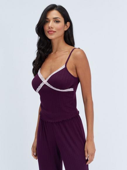 Boux Avenue Pointelle Cami Wide Leg Pyjama Set, Grey Marl, Blackberry