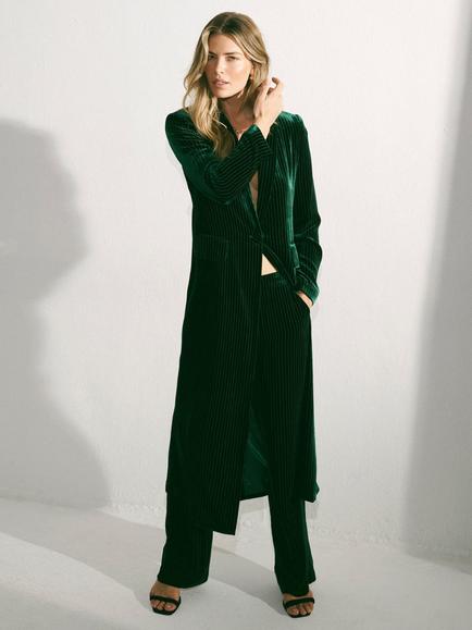 NRBY Odette Pinstripe Velvet Longline Coat, Forest Green, Forest Green