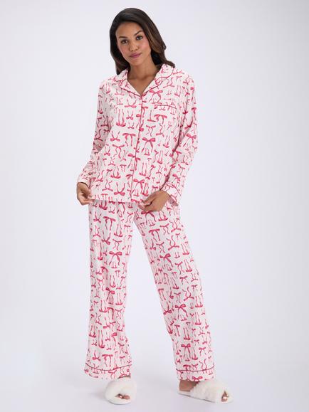 Boux Avenue Flutter Bows Fleece Pyjama Set, Ivory/Multi, Ivory/Multi