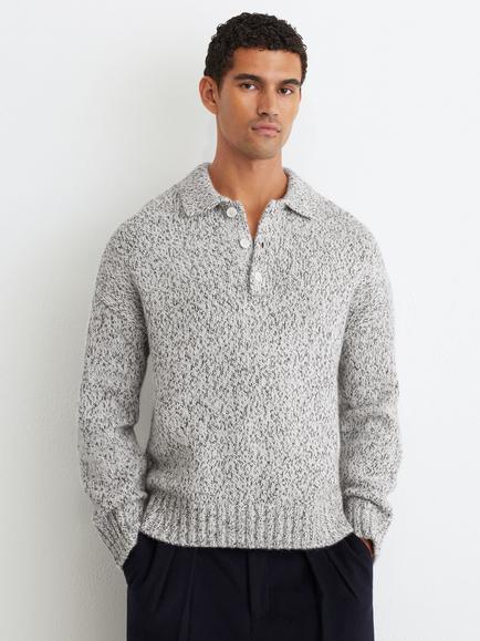 Reiss Jasper Wool Blend Speckled Knit Half-Button Jumper, Soft Grey, Soft Grey