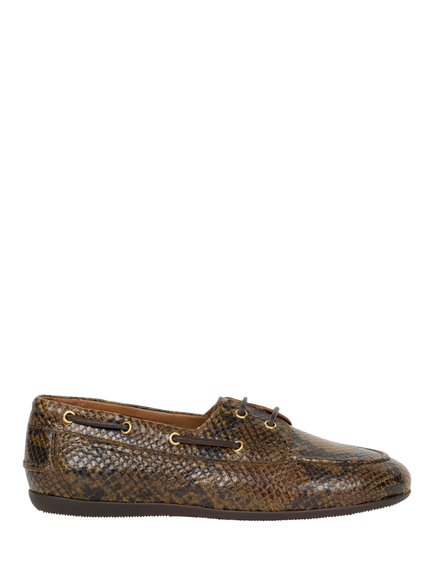 Bobbies Betsy Snake Embossed Leather Boat Shoes, Khaki Mamba, Khaki Mamba