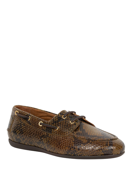Bobbies Betsy Snake Embossed Leather Boat Shoes, Khaki Mamba - view 2, Khaki Mamba
