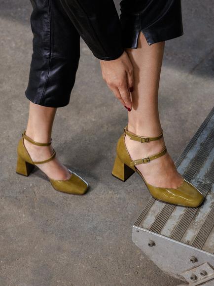 Bobbies Mischa Crumpled Patent Leather Block Heel Court Shoes - view 2, Manzanilla