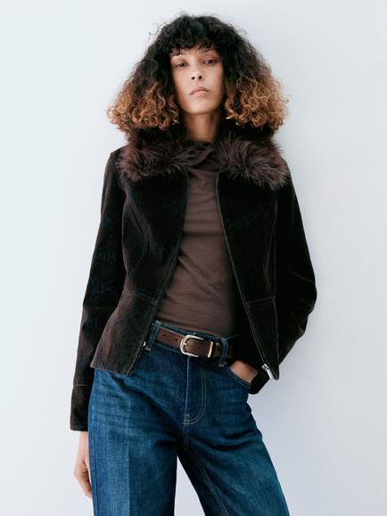 Mango Faux Fur Collar Velvet Jacket, Chocolate, Chocolate