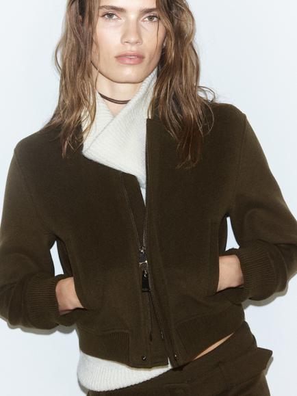 Mango Wool Blend Cropped Bomber Jacket, Khaki, Khaki
