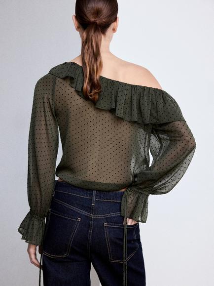 Mango Asymmetric Ruffle Polka Dot Sheer Blouse, Green - view 2, Green